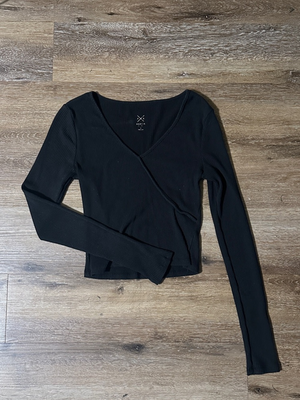 Ribbed Black Wrap-Style Long Sleeve Top
